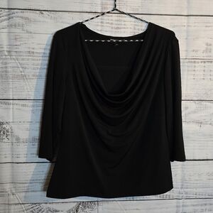 Briggs NY Elegant Black Draped Neck Blouse Womans Size Petite Large 3/4 Sleeve